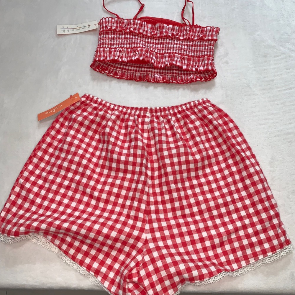 Colsie red white gingham pajamas set smocked spaghetti strap top shorts size XS - Picture 2 of 11